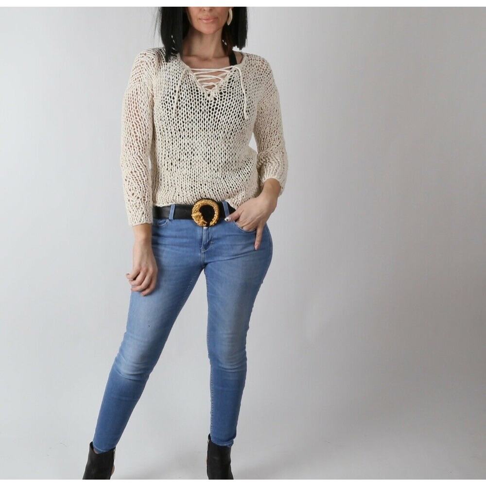 VINCE Hand Knitted Long Sleeve Lece Up Cotton Sheer Sweater Size XS